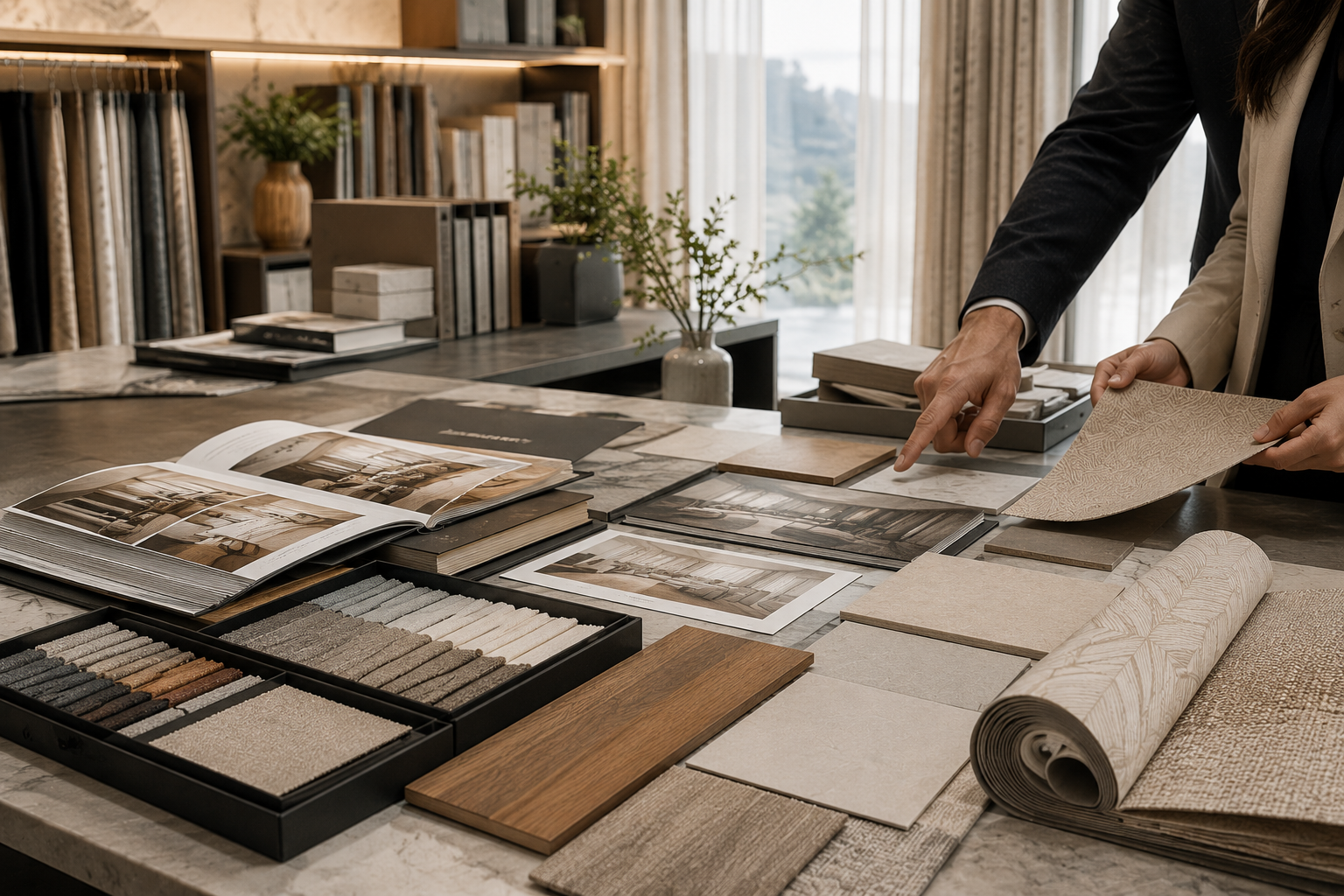 Interior materials and finishes selected by the Nora Decor team